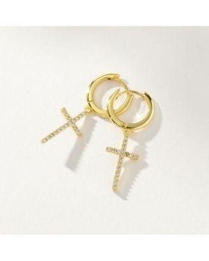 UNCOMMON JAMES 14k Plated Pave Cross huggie Earrings 0.5 X22 - White