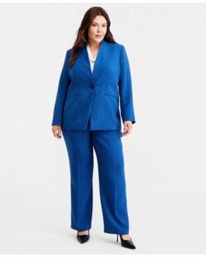 Kasper Plus Size Collarless One Button Blazer L Pocket Straight Pants - Blue