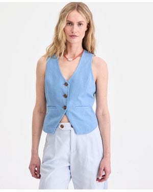 On 34th Linen Blend V-neck Button-front Vest - Blue