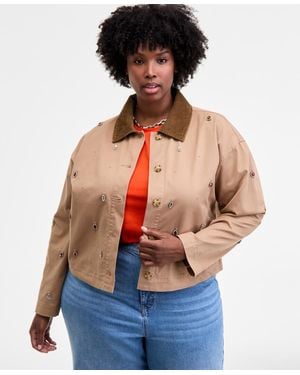 On 34th Trendy Plus Embellished Corduroy-collar Jacket - Blue