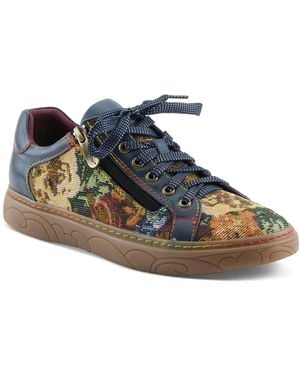L'ARTISTE Danli-fab Fashion Sneakers | Leather & Tapestry Print Lace-up With Side Zipper - Blue