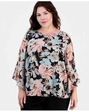 Kasper Plus Size Floral Clip-dot 3/4-sleeve Top - Multicolor