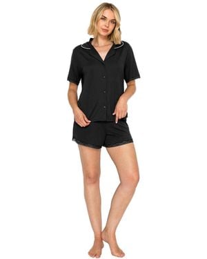 Studio Badgley Mischka Yummy Jersey Notched Collar Button-up Short Pj Set - Black