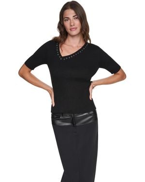 DKNY Asymmetrical V-neck Studded Ribbed-knit Pullover Sweater - Black
