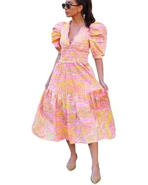 Jessie Zhao New York Astrid Marble Smocked Midi Dress - Blue