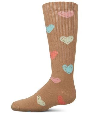 Memoi Big Girls Ribbed Cotton Blend "multi Graffiti Hearts" Knee Sock - Natural