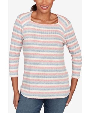Ruby Rd. Petite Marled Stripe Envelope Neck Rib Knit Top - White