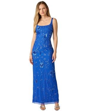Adrianna Papell Square Neck Bead Mesh Column Dress - Blue