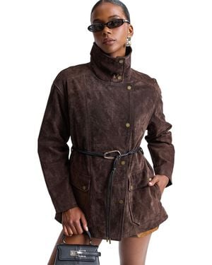 Avec Les Filles Belted Suede Jacket - Brown