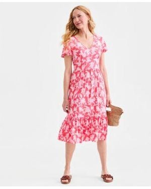 Style & Co. Style Co Printed V Neck Tiered Midi Dress Macys Exclusive - Pink