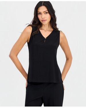 Anne Klein Essentials Petite V-neck Keyhole Sleeveless Blouse - Black