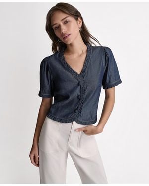 BCBGMAXAZRIA Short-sleeve Ruffle Detail Button-front Top - Blue