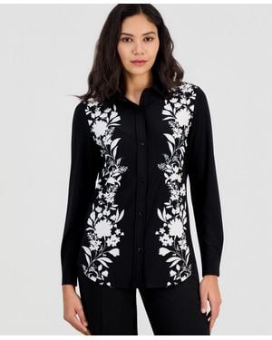 Anne Klein Floral Long-sleeve Button-down Shirt - Black