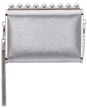 Nina Crystal Ornamented Minaudiere Tassel Lift Lock Clutch - Gray