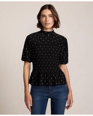 Lands' End Bubble Sleeve Silky Knit Smocked Mock Neck Top - Black