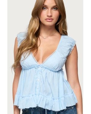 Edikted Gizelle Cotton V Neck Babydoll Top - Blue