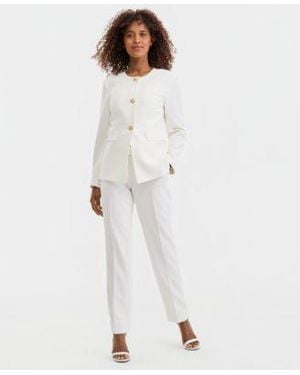 Kasper Stretch Crepe Three Button Seamed Waist Jacket High Rise Straight Pants - White