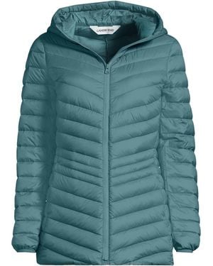Lands' End Petite Wanderweight Packable Down Hooded Long Jacket - Green