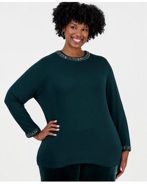 Anne Klein Plus Size Rhinestone Embellished Keyhole Sweater - Green