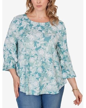 Ruby Rd. Plus Size Floral Puff Print Ruffle Knit Top - Pink