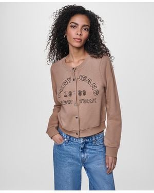 DKNY Long-sleeve Button-front Cotton Shrunken Jacket - Blue