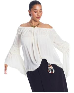 June + Vie Plus Size Off-the-shoulder Sheer Long-sleeve Blouse - White