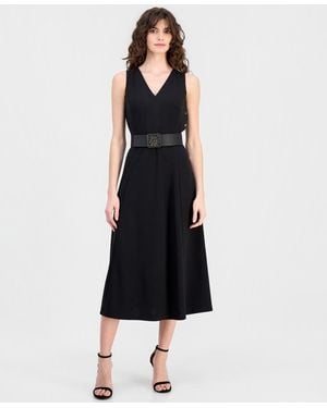 Anne Klein Side-button Belted Midi Dress - Black