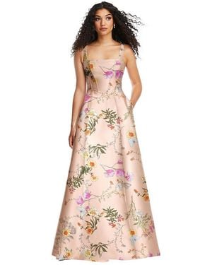 Alfred Sung Boned Corset Closed-Back Floral Satin Gown With Full Skirt - Pink