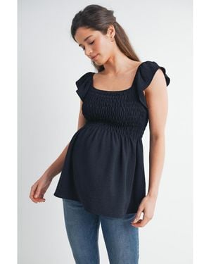 Hello Miss Maternity Smocked Flutter Sleeve Square Neck Top - Blue