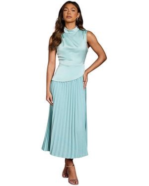 Coast High Neck Pleated Midi Dress - Blue