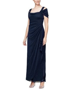 Alex Evenings Cold Shoulder Ruffle Glitter Chiffon Gown - Blue