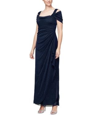 Alex Evenings Cold Shoulder Ruffle Glitter Chiffon Gown - Blue