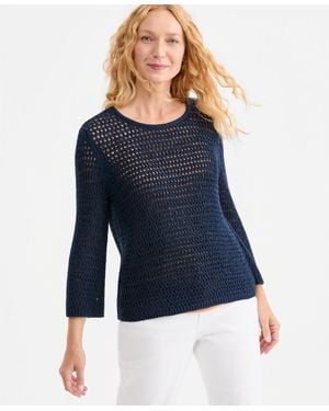 Style & Co. Open-stitch 3/4-sleeve Sweater - Blue