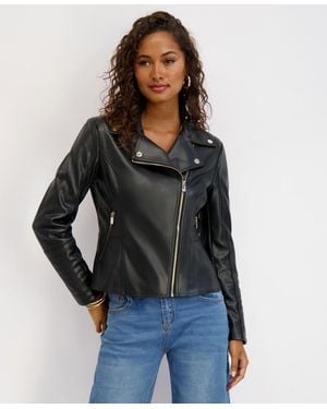 Kensie Asymmetrical Pu Peplum Moto Jacket - Black