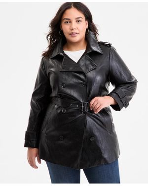 BCBGMAXAZRIA Plus Size Double-breasted Faux-leather Belted Trench Coat - Black