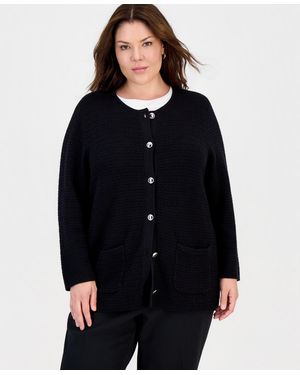 Kasper Plus Size Textured Patch-pocket Crewneck Cardigan - Black