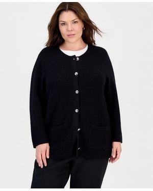 Kasper Plus Size Textured-knit Patch-pocket Cardigan - Black