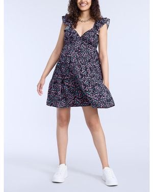 Motherhood Maternity Maternity V Neck Flutter Sleeve Tiered Mini Dress - Blue