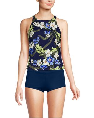 Lands' End Tugless High Neck Strappy Back Tankini Top - Blue