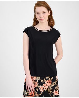 Kasper Beaded-trim Extended-shoulder Top - Black
