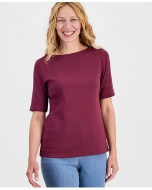 Style & Co. Boat-neck Elbow Sleeve Cotton Top - Purple