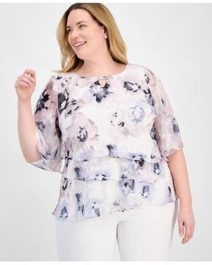 Alex Evenings Plus Size Tiered Floral Chiffon Top - White