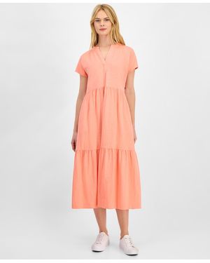 Nautica Cotton Tiered Midi Dress - Orange