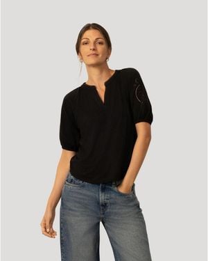 Cable & Gauge Slub Knit Split Neck Raglan Top - Black