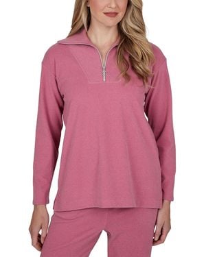Ruby Rd. Ribbed-knit Quarter-zip Long-sleeve Top - Red