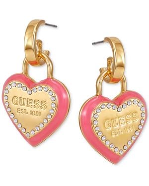 Guess Tone Pink Heart Drop Hoop Earrings - Metallic