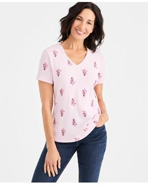 Style & Co. Petite Cotton-blend V-neck Floral T-shirt - White