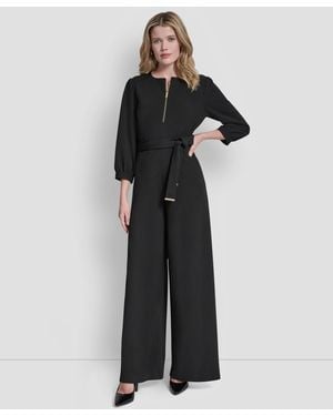 DKNY 3/4 Sleeve Wide Leg Exposed Zipper Jumpsuit - Black