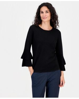 Kasper Petite Flare-sleeve Boat Neck Textured-stitch Sweater - Black