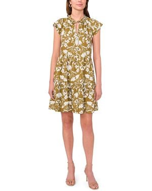 Msk Petite Split Tie Neck Flutter-sleeve Printed Dress - Yellow